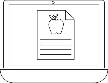 Eğitim, öğrenme ve teknolojiyi sembolize eden, elma resimli bir belgeyi gösteren basit bir dizüstü bilgisayar çizimi.