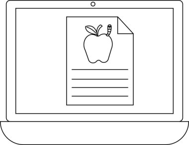 Basit bir dizüstü bilgisayar çizimi bir belgenin üzerinde solucan olan bir elmayı gösteriyor, eğitici ya da okula dönüş temaları için ideal.