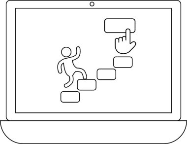 Bir dizüstü bilgisayar ekranında, dijital bağlamda ilerleme ve başarıyı sembolize eden, düğmeye işaret eden bir ele doğru tırmanan bir çöp adam görülüyor..