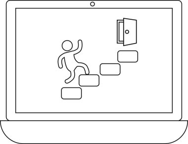 Bir dizüstü bilgisayar ekranında, dijital dünyadaki gelişmeyi ve fırsatları simgeleyen açık bir kapıya doğru merdivenleri çıkan bir çöp adam görülüyor..