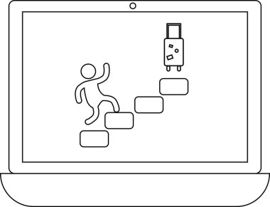 Bir dizüstü bilgisayarda bavula doğru tırmanan bir çöp adam görülüyor. Seyahat planlama ya da kariyer ilerlemesini simgeliyor..
