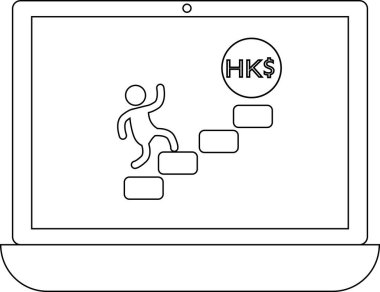 Bir çöp adam dizüstü bilgisayardaki Hong Kong Doları sembolüne doğru tırmanıyor, online finansal büyüme ve yatırım olanaklarını temsil ediyor.