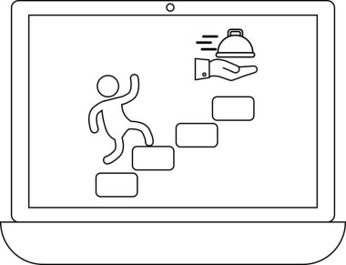 Bir dizüstü bilgisayar ekranında, yemek sunan, çevrimiçi gıda dağıtım hizmeti ve kolaylığı sembolize eden bir elde tırmanma figürü görülüyor..