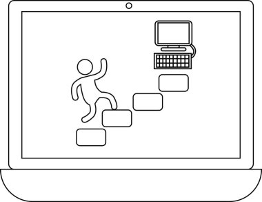 Bir çubuk figürü dizüstü bilgisayar ekranında görüntülenen bir bilgisayara doğru yükseliyor, gelişimi, teknolojiyi ve dijital ilerlemeyi simgeliyor.