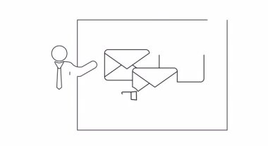 Beyaz tahtada e-posta pazarlama stratejileri sunan bir kişinin animasyon simgesi. İş sunumları ve eğitim içeriği için mükemmel.