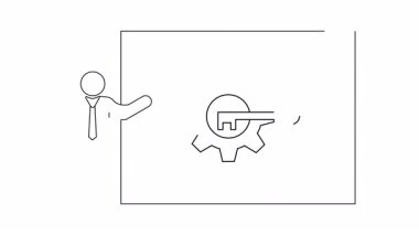 Anahtar ve dişli simgesini gösteren, anahtar çözümleri sembolize eden, bir ekranın yanında duran sunucunun basit bir çizgi çizimi.