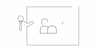 Bir sunucunun basit bir çizgi çizimi bir ekip çalışmasını ve işbirliğini gösteren bir ekrana işaret ediyor..