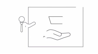 Bir sunucunun basit bir çizimi alışveriş arabası ve el illüstrasyonuyla bir tahtaya işaret ediyor, e-ticaret veya iş sunumları için ideal..