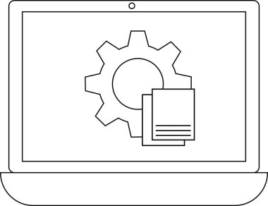 Bir dizüstü bilgisayar ekranı bir ayar dişlisi simgesi ve yapılandırma ve kişiselleştirme seçeneklerini sembolize eden bir yığın belge gösterir.
