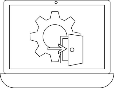 Bir dizüstü bilgisayar ekranı açık kapı ve oku olan, ayarları veya erişimi sembolize eden bir dişli simgesi gösterir.