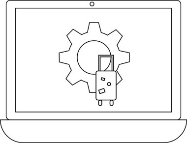 Bir dizüstü bilgisayar, seyahat teknolojisi veya ayarlarını temsil eden bir dişli ve bavul simgesi gösterir.