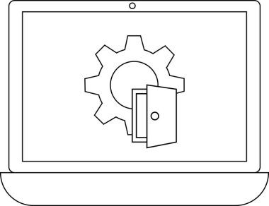 Bir dizüstü bilgisayar ekranında bir dişli ve kapı simgesi, ayarları, yapılandırmayı veya sistem seçeneklerine erişimi sembolize eder. Tasarım basit ve temiz..