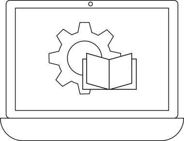 Bir dijital aygıt üzerindeki teknik belgeleri, ayarları veya talimatları sembolize eden, bir dişli ve kitap simgesini gösteren bir dizüstü bilgisayar.