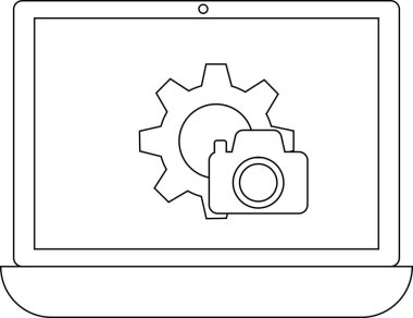 Aygıt üzerinde bir dişli ve kamera simgesini gösteren, ayarları veya fotoğrafla ilgili fonksiyonları sembolize eden bir dizüstü bilgisayar.