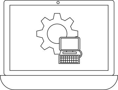 Bir dişli ve bilgisayar simgesini gösteren, teknoloji ayarlarını ve yapılandırmalarını sembolize eden bir dizüstü bilgisayar. Teknik destek, yazılım güncellemeleri veya sistem yönetimi için ideal.