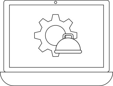 Bir dişli ve yemek kubbesi ikonunu gösteren bir dizüstü bilgisayar, teknolojiyi ve aşçılık hizmetleri entegrasyonunu sembolize ediyor.