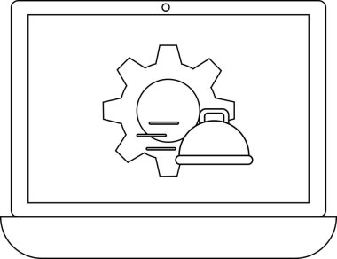 Bir dizüstü bilgisayar bir dişli ve yiyecek kubbesi simgesini gösterir, ayarları ve yemek servisi yönetimini sembolize eder.