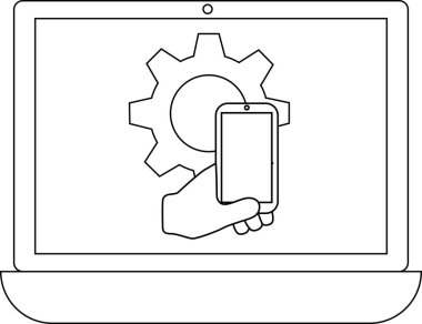 Bir dizüstü bilgisayarın akıllı telefonu tutan bir el ve teçhizatı gösteren, teknoloji ve ayarları sembolize eden bir çizgi çizimi..