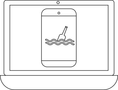 Bir dizüstü bilgisayar ekranında, suda yüzen bir şişeyi gösteren, iletişimi ya da şişe konseptindeki bir mesajı simgeleyen bir akıllı telefon görülüyor..
