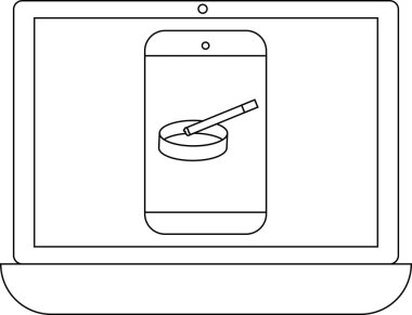 Bir dizüstü bilgisayar ekranında kül tablasında sigara içmeyi ya da bağımlılığı sembolize eden bir akıllı telefon görüntüsü gösteriliyor..