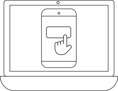 Bir dizüstü bilgisayar ekranının çizgi çizimi bir tuşa dokunarak bir akıllı telefon uygulamasını gösteriyor, teknolojiyi ve kullanıcı etkileşimini simgeliyor.