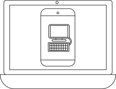 Bilgisayarda bir bilgisayar simgesi ile akıllı telefon görüntüleme, teknolojiyi, bağlantıyı ve dijital cihazları minimalist bir dizaynda temsil etme.
