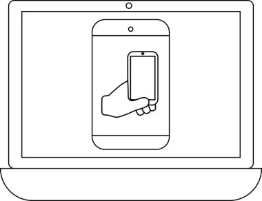 Bir dizüstü bilgisayar ekranında akıllı telefonu tutan, dijital dünyada teknolojiyi ve bağlantıyı gösteren bir el görüntüsü gösterilir..