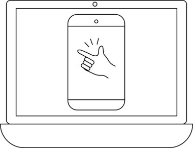 Ekranda el hareketleriyle akıllı telefonu gösteren bir dizüstü bilgisayar tasviri, etkileşim veya teknoloji kullanımını öneriyor.
