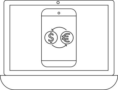 Bir dizüstü bilgisayar, döviz uygulaması ile bir cep telefonu görüntüler, para değişimi ve avro sembollerini gösteren oklarla gösterir.