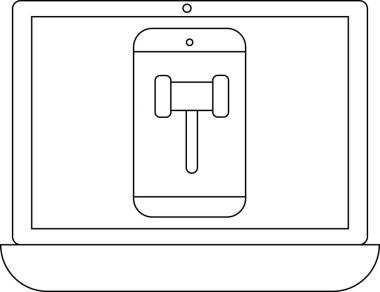 Ekranında bir fitness uygulamasını gösteren bir dizüstü bilgisayarın minimalist çizgi çizimi, bir dambıl simgesi, çevrimiçi çalışmaları ve dijital fitness çözümlerini sembolize ediyor.