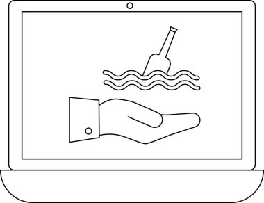 Bir dizüstü bilgisayar ekranında suyun içinde yüzen bir şişeye uzanan bir el görülüyor, şişe konseptindeki bir mesajı simgeliyor..