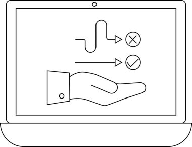 Bir dizüstü bilgisayar ekranında karar sembolleri ve iş akışı konseptini sunan bir el, teknoloji ve iş süreçlerini gösteren.