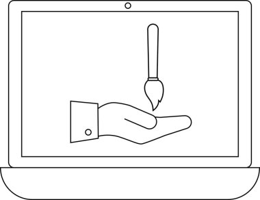 Bir dizüstü bilgisayar ekranında, dijital sanat, tasarım veya yaratıcı yazılım uygulamalarını sembolize eden bir fırça tutan bir el görüntülenir. Görüntü, teknolojiyle sanatsal ifadeyi temsil ediyor..