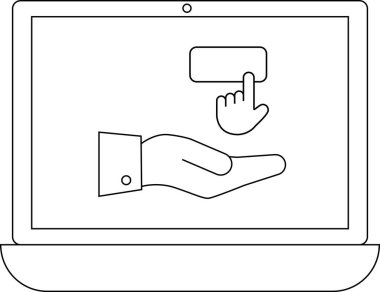 Bir dizüstü bilgisayar ekranı, çevrimiçi etkileşimi, dijital yardımı veya kullanıcı arayüzü tasarımını sembolize eden bir tuş ile etkileşen bir eli gösterir..