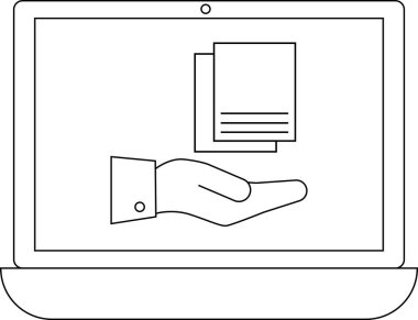 Bir dizüstü bilgisayar ekranında dijital yardımı, çevrimiçi hizmetleri veya sanal desteği temsil eden belgeler sunuluyor. Modern iletişim için temiz, minimalist tasarım.