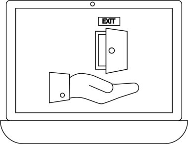 Bir dizüstü bilgisayar ekranı bir çıkış kapısı simgesini sunan bir eli gösterir, seçenekleri, fırsatları veya dijital bağlamda kaçmayı simgeler.