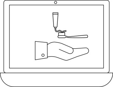 Bir dizüstü bilgisayar, diş fırçasıyla diş fırçasını bir tüpten uygulanan basit bir çizgi sanat tarzında görüntüler..