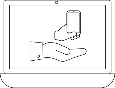 Bir dizüstü bilgisayar ekranında, biri akıllı telefonu diğerine sunan, teknoloji alışverişini ve dijital etkileşimi sembolize eden iki elin çizimi yer alıyor..