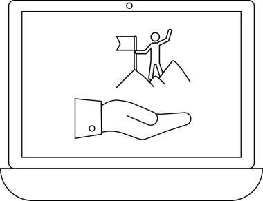 Bir dizüstü bilgisayar ekranında bir çubuk figürü bir bayrak ile dağın tepesinde gösteriyor, başarıyı simgeliyor, destekleyici bir elin üstünde, yardım ve rehberliği temsil ediyor..