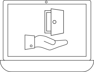 Çevrimiçi erişimin kavramsal illüstrasyonu, laptop ekranında açık bir kapı simgesi sunan bir el, fırsat ve erişilebilirliği sembolize ediyor.