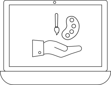 Bir dizüstü bilgisayarda resim fırçası ve palet tutan bir el, çevrimiçi sanat kurslarını ve dijital yaratıcılığı sembolize ediyor. Görüntü erişilebilir sanat eğitimini temsil ediyor.