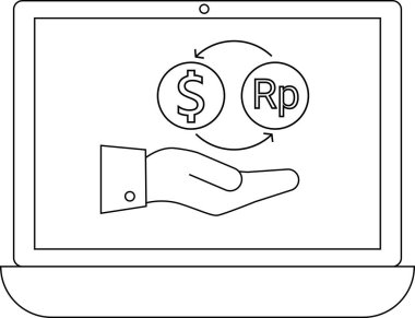Bir dizüstü bilgisayarda dolar ve rupiah paraları sunan bir döviz konsepti gösterilir, çevrimiçi işlemleri ve küresel finansmanı simgeler..