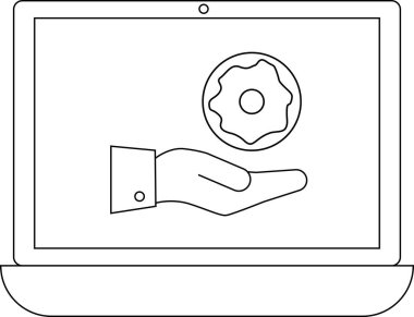 Basit bir dizüstü bilgisayar çizimi, çevrimiçi gıda dağıtım hizmetlerini sembolize eden bir donut sunan eli gösteriyor..