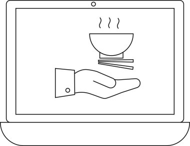 Bir dizüstü bilgisayar ekranında, çevrimiçi yemek dağıtım hizmetlerini temsil eden, yemek çubuklarıyla buğulanmış bir kase sunan bir el görülüyor..