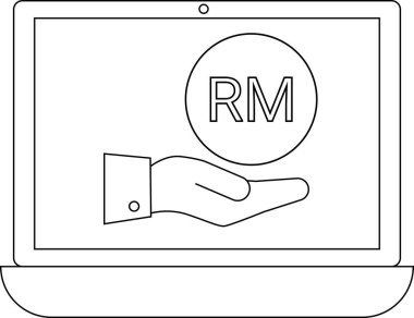 Bir dizüstü bilgisayar ekranında Malezya 'da çevrimiçi para işlemleri ve dijital finans sembolize ederek Malezya Ringgit madeni parası tutan bir el görülüyor..