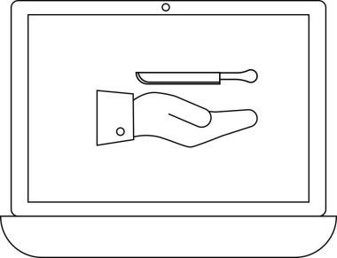 Bir dizüstü bilgisayar ekranında, çevrimiçi tıbbi yardımı veya cerrahi konsültasyonu sembolize eden bir neşter sunan bir el görülüyor.