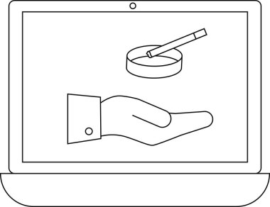Sigara ile kül tablası sunan bir eli gösteren dizüstü bilgisayar görüntüsü çevrimiçi sigara bırakma programlarını sembolize ediyor..