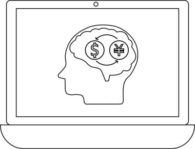 Bir dizüstü bilgisayar ekranında bir dolar ve yen sembollü bir beyin, mali işlemleri ve küresel ekonomiyi temsil eden, takas eden,.