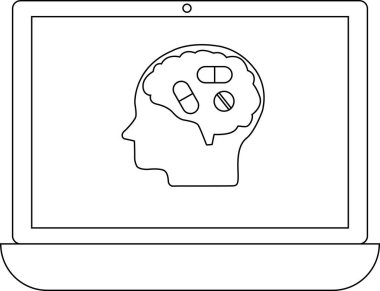 Bir dizüstü bilgisayar ekranında haplarla dolu, zihinsel sağlık, ilaç ve çevrimiçi terapi veya psikiyatri hizmetlerini temsil eden bir beyin taslağı gösterilir..