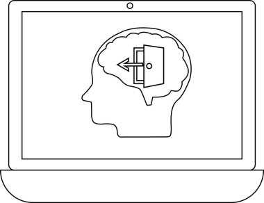 Bir dizüstü bilgisayar ekranı beynin içinde bir kapı ve ok olan bir kafa profili gösterir, düşüncelerin erişimini ya da çıkışını sembolize eder..